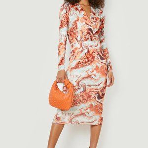 TALL PLUNGE SLINKY MARBLE PRINT MIDI DRESS